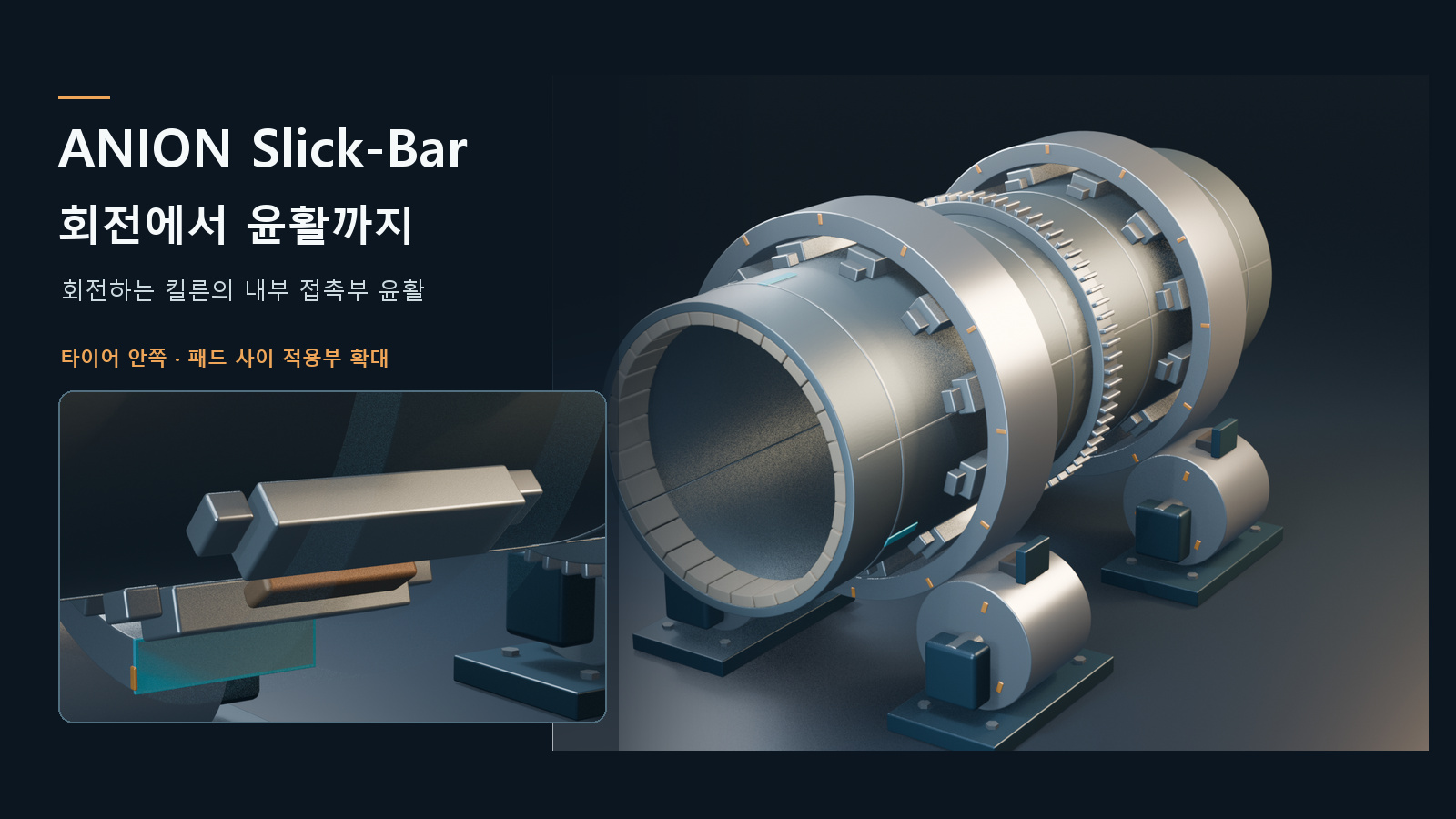 anion kiln hero v2 회전하는 로터리 킬른 전체와 타이어 안쪽 Slick-Bar 투입부를 함께 보여주는 ANION 3D 제품 이미지